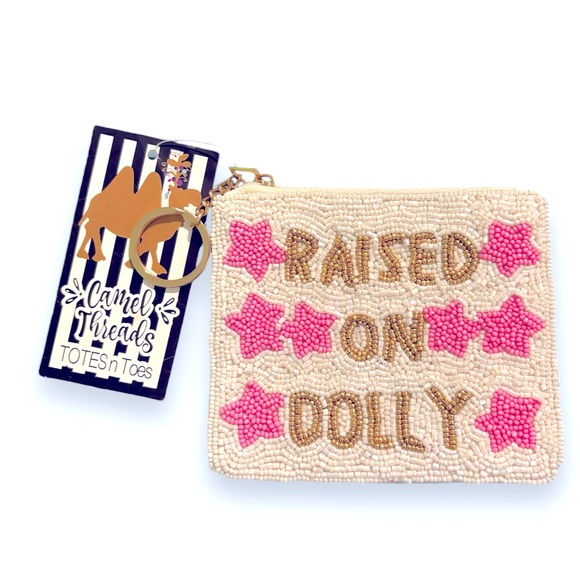Camel Threads Raised On Dolly Beaded Coin Purse Small Pouch White Gold Pink Star - Picture 1 of 9
